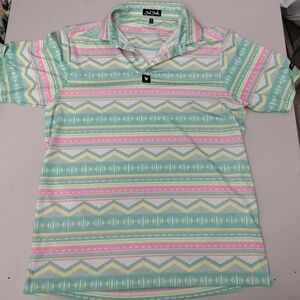 Bad Birdie Polo Mens Small Multi Color Aztec Short Sleeve Athletic